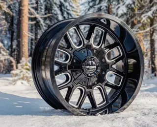 Balck machined Mayhem wheel in the snow