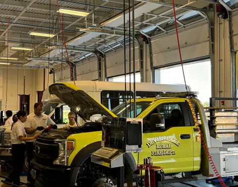 Devils Lake Rural Fire Department truck in a Les Schwab service bay