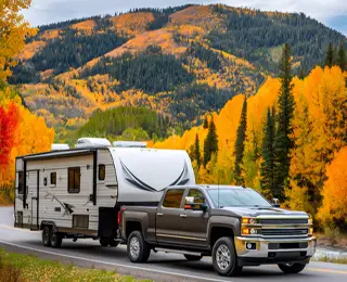 A truck towing a large camp trailer along a beautiful highway.