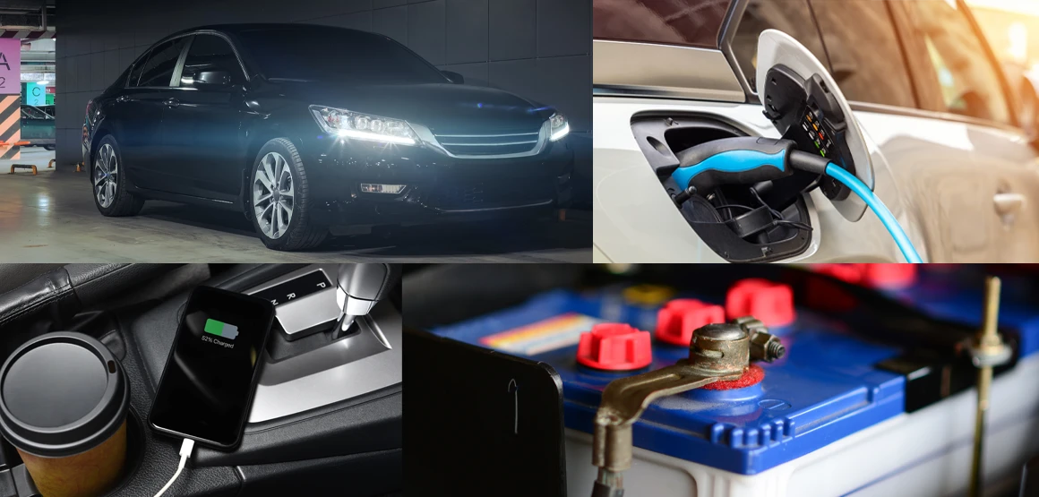 Image of car headlights on, plug-in charger, charing a phone, and a car battery